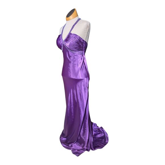 Vintage Dresses & Skirts - Vtg Y2K Morgan & Co Royal Purple Satin Bead Embellished Halter Prom Dress Sz 3 4